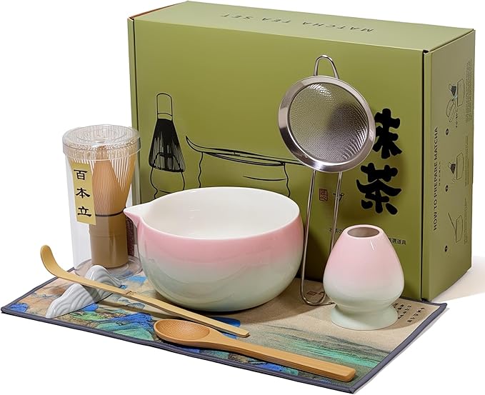 Matcha Whisk Set with Ceramic Bowl - Bamboo Whisk (Chasen), Scoop, Sifter & Holder - Complete Kit fo