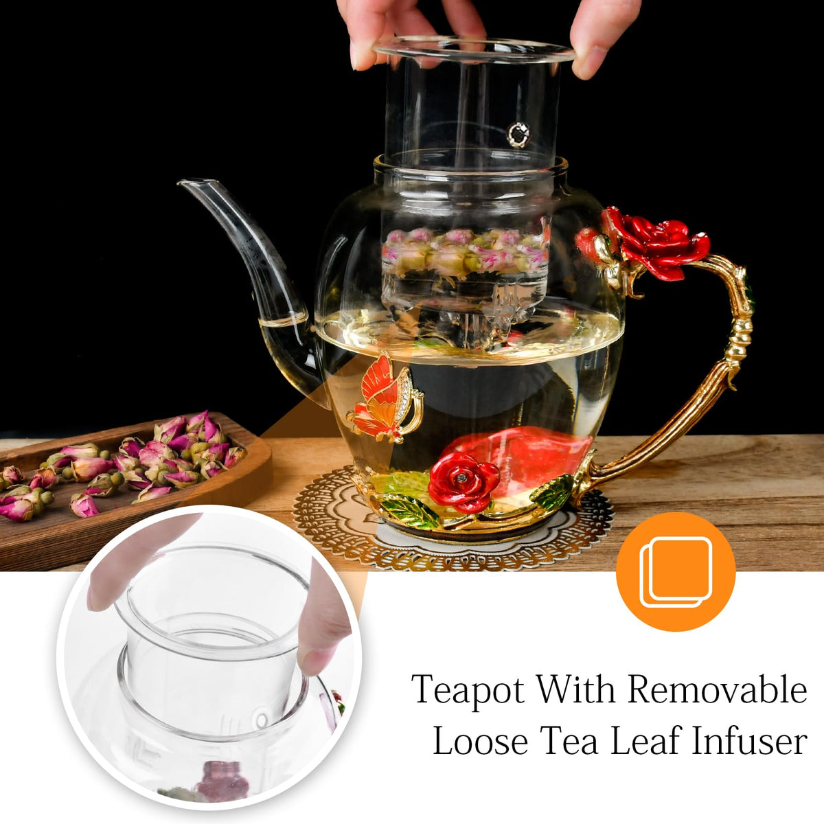 OEAGO Enamel Glass Flower Tea Pot 30.4OZ Birthday Gifts for Women Mom