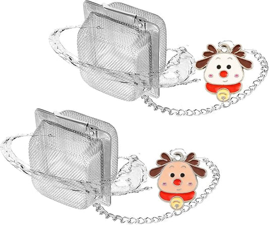 Christmas Themed Tea Ball Set, 2 PCS Cubic Tea Strainers for Loose Leaf Tea, Reusable Stainless Steel Mesh Tea Steeper, Tea Infuser with Brown Caribou and White Reindeer Pendant