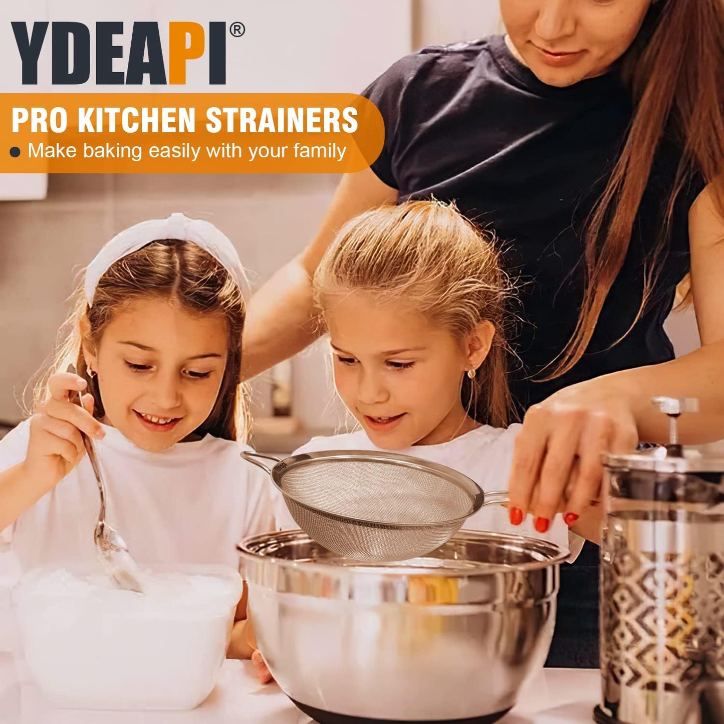 Ydeapi Fine Mesh Strainer, Stainless Steel Strainers with Sturdy Handle, Set of 3 Metal Sieve for Kitchen Food, Rice, Quinoa, Tea - 7", 4.6", 2.7"