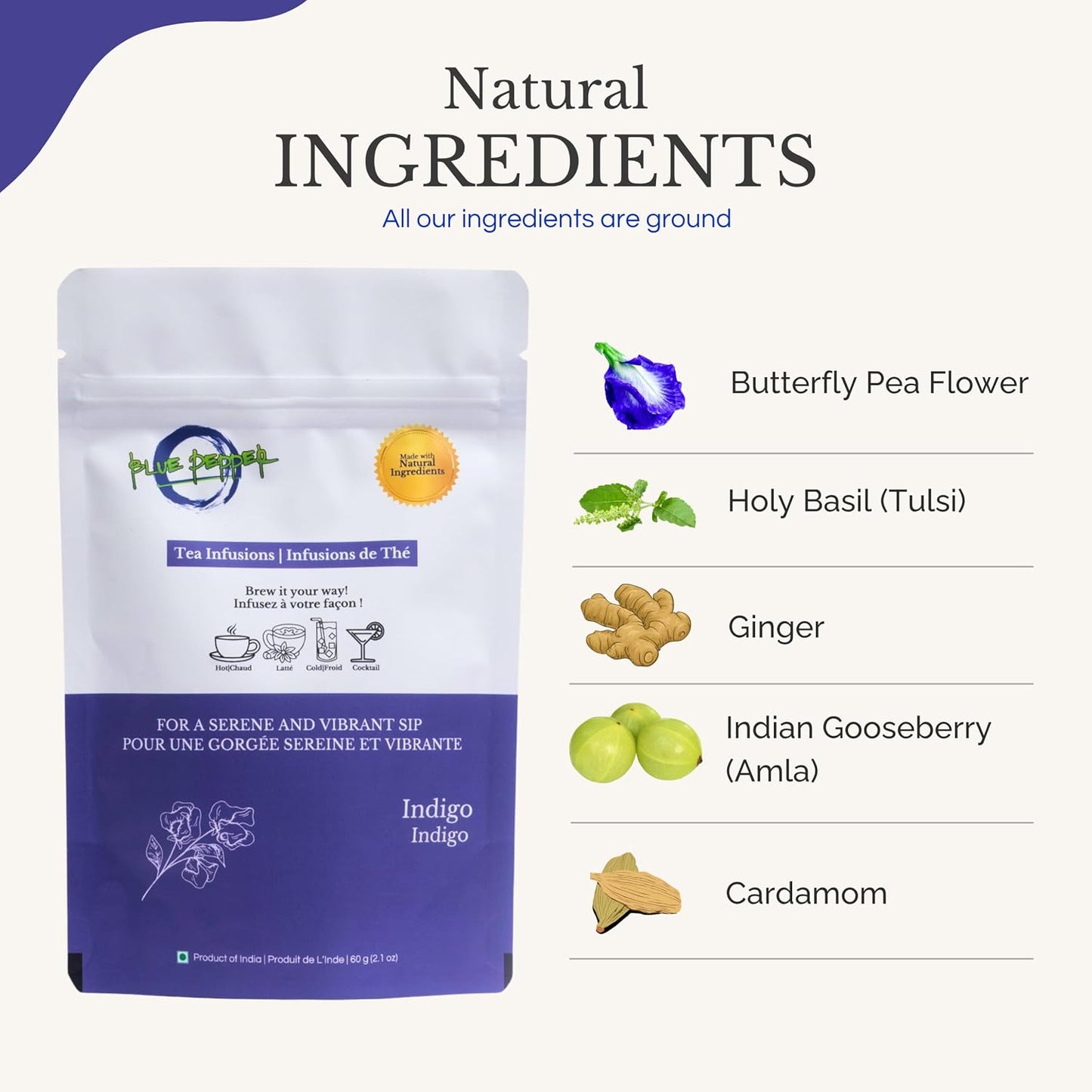 Blue Pepper Tea Infusion | Butterfly Pea Flower Blend with Ginger, Tulsi (Holy Basil), Amla (Indian Gooseberry) &amp; Cardamom | Caffeine-Free Natural Beverage | 60g