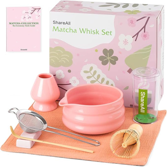Artisan Ceramic Matcha Set, 7Pcs Japanese Matcha Whisk Kit with Playful Pink Glaze Bowl, Bamboo Chasen & Sifter