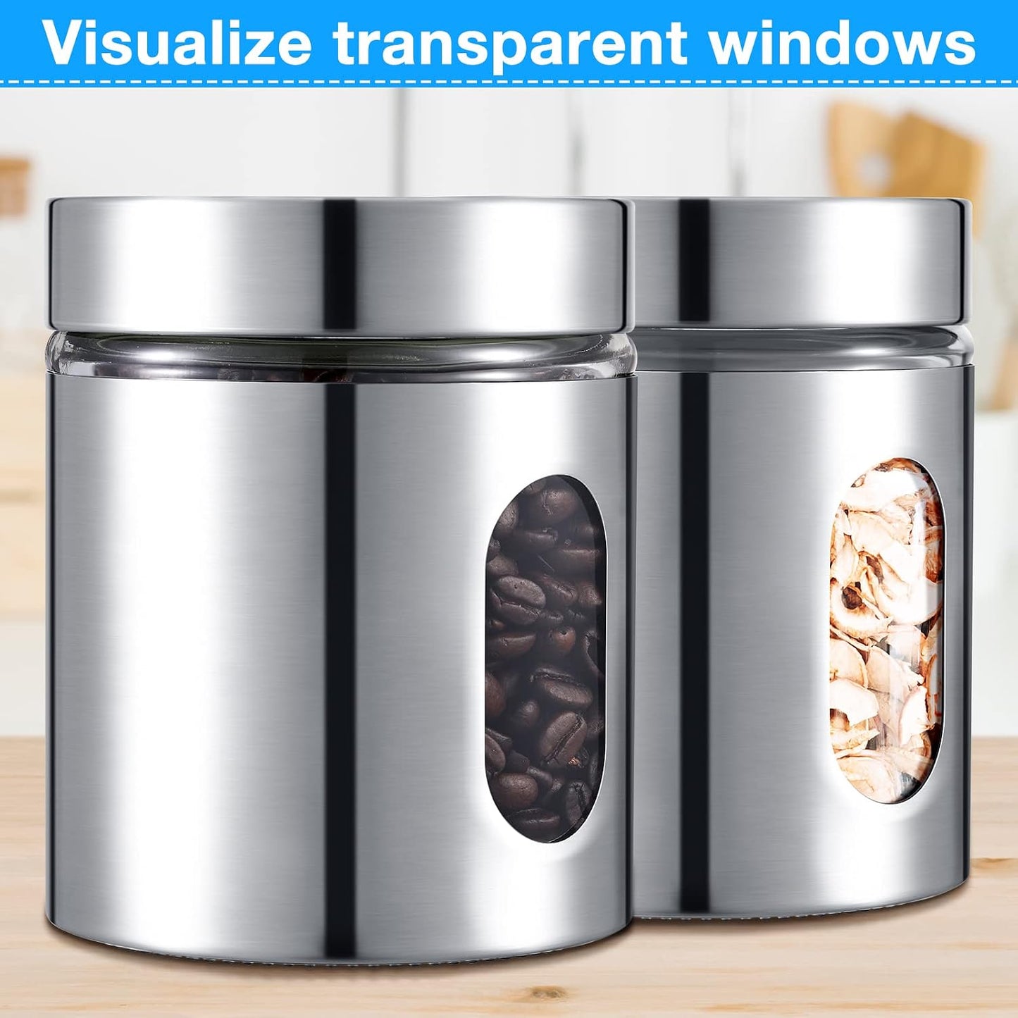 Mimorou 6 Pack 20 oz Airtight Stainless Steel Kitchen Canisters, Silver | Set Window Canister Jars, Coffee Tea Sugar, Quick Refill Check, Pantry Organization, Countertop Storage, Spice and Candy Jars