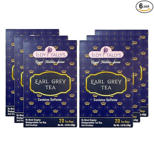 Herbal Cup Tea - Lady Tallys Earl Grey, Rich Flavor and Aroma for Daily Indulgence, Caffeinated, Enjoy Hot Cold Summer Winter, 20 Teabags (Pack of 6)