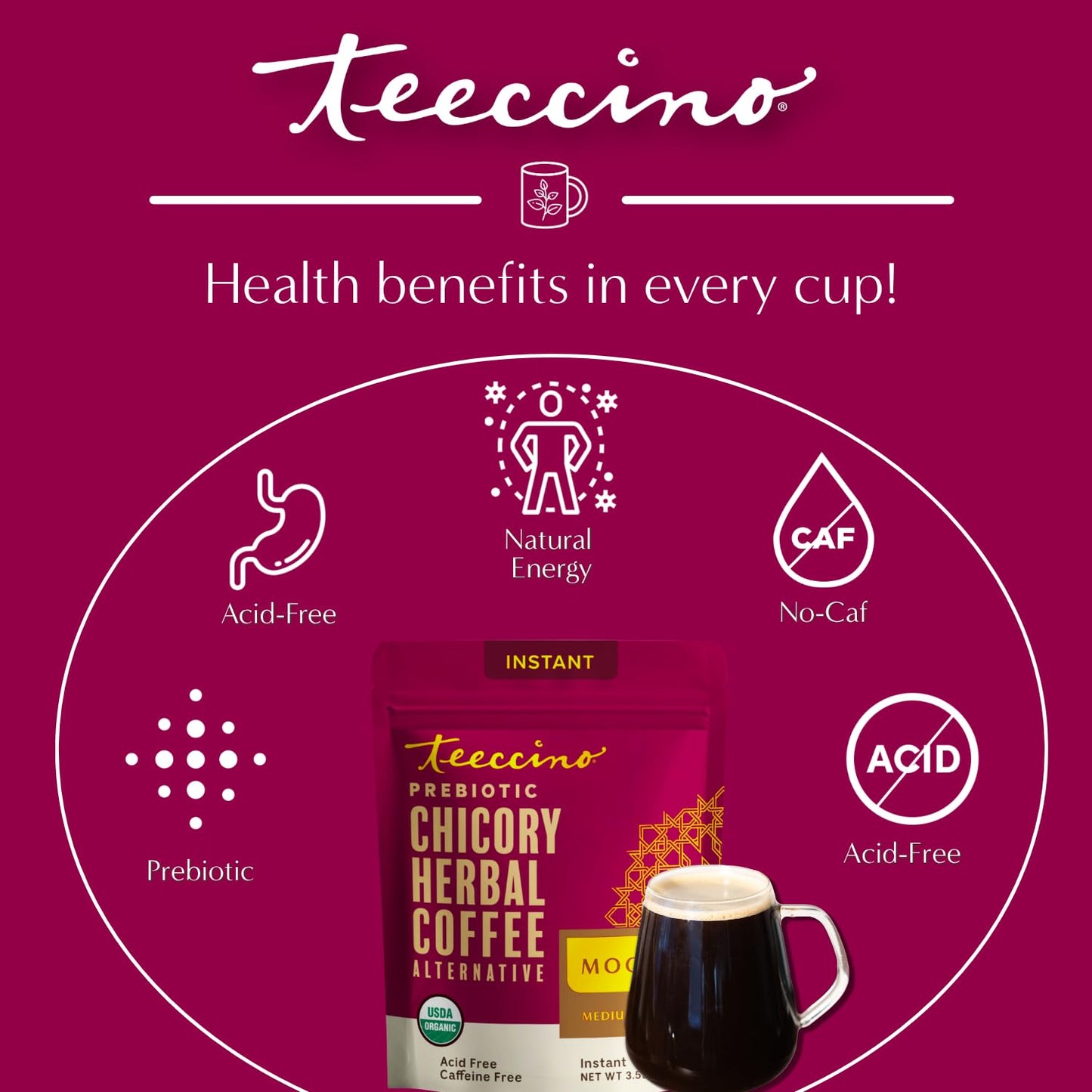 Teeccino Instant Organic Mocha Herbal Coffee - 33 servings – Instant Chicory Coffee Alternative with Lush Chocolate Slightly Sweetened by Dates That’s Prebiotic, Caffeine-Free - 3.53 Ounces