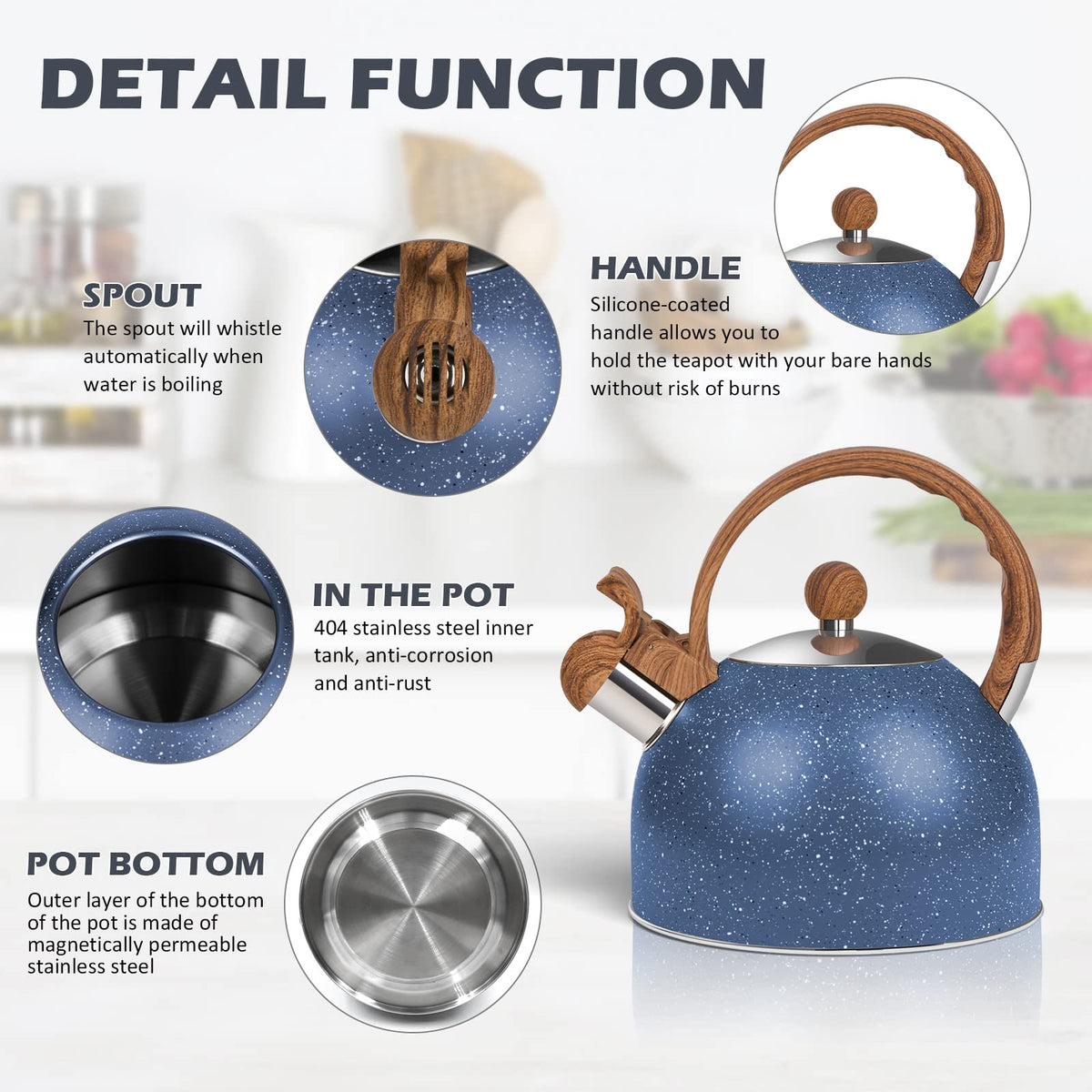 Awvlvwa Whistling Tea Kettle for Stovetop, 2.6 Quart Stainless Steel Water Teapot Boilers for Stovetops, Induction Stone