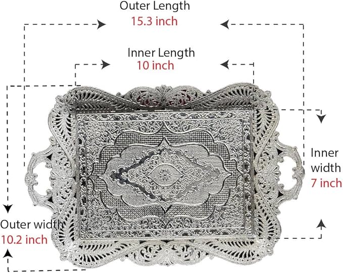 Silver Metal Turkish Coffee Tea Serving Tray Table Decor Decorative Handle Rectangular Home Kitchen Brass Style Fancy Antique Silver Vintage Outdoor