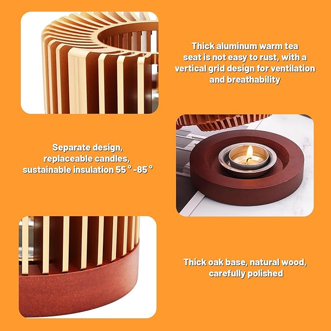 Inmorven Teapot Warmer, Aluminum Tea Warmer with Wooden Base, Candle Heater for Heating Tea, Coffee, Milk, Food,Camping and Traveling