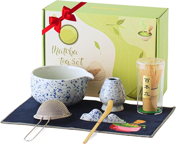 Matcha Whisk Set Black, 8 Pcs Matcha Set with Bowl (Chawan)/Whisk/Holder & Accessories, Matcha Kit for Ceremony, Traditional Tea Set for Making Latte, Gift for Family/Friends