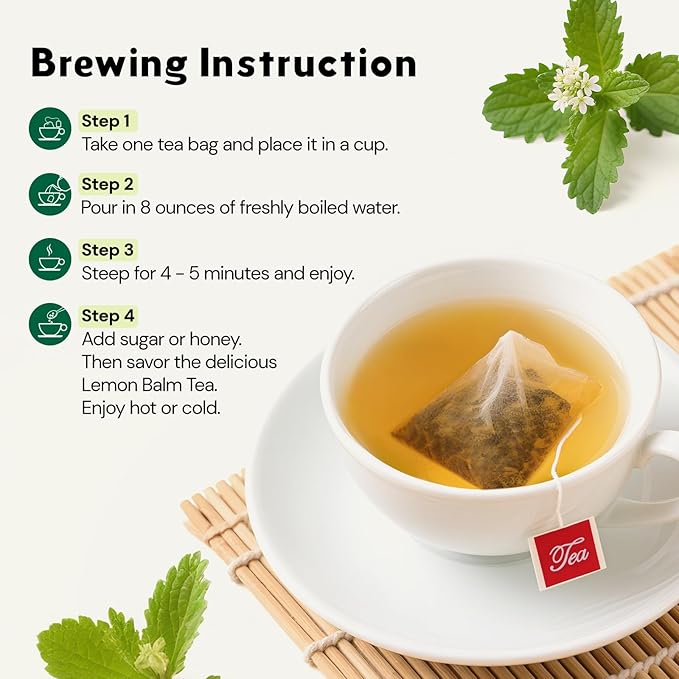 Lemon Balm Tea, Natural Lemon Balm Herbal Tea Bags for Calming and Digestion Support Caffeine-free - (100 Count
