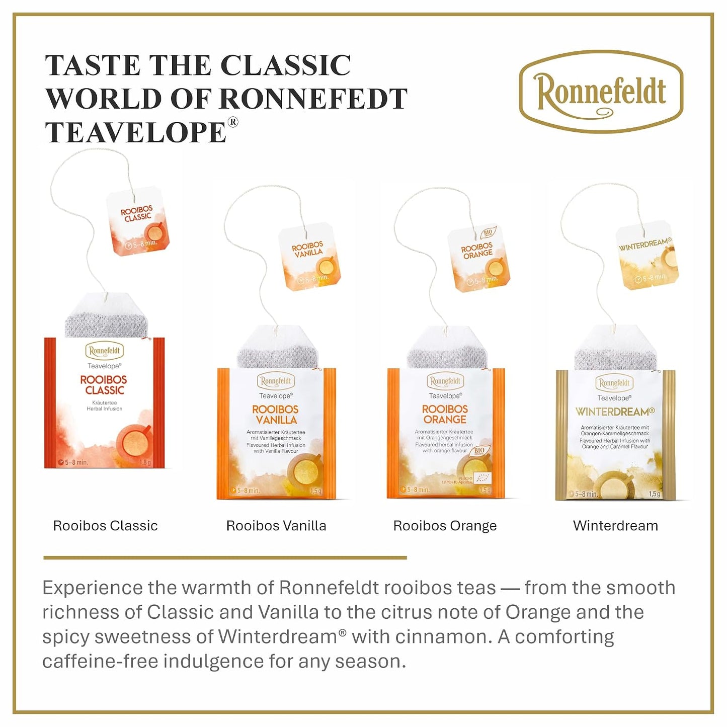 Ronnefeldt Teavelope Rooibos Classic Tea Bags Individually Wrapped, 25 Ct | Pure South African Rooibos, Smooth and Naturally Sweet, Naturally Caffeine-Free, German, 25 Count, Pack of 1