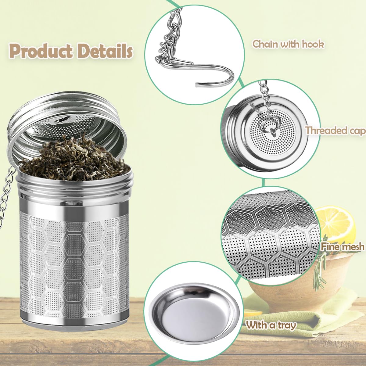 HAWOWZ 2 Pack Stainless Steel Tea Infusers, Extra Fine Mesh Strainers with Drip Trays, Brew Loose Tea