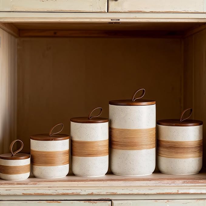 Large Storage Containers with Lids, Ceramic Coffee Container Kitchen Food Storage Jars for Spice Sugar Tea Bag, Stackable Decorative Jars for Counter, White & 61 fl.oz