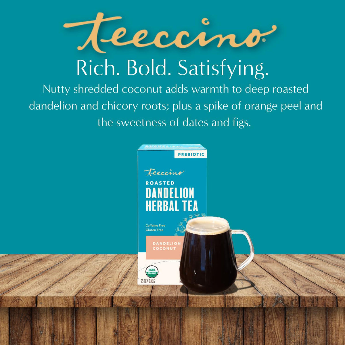 Teeccino Dandelion Coconut Tea - Caffeine Free, Roasted Herbal Tea with Prebiotics, 3x More Herbs than Regular Tea Bags, Gluten Free - 25 Tea Bags