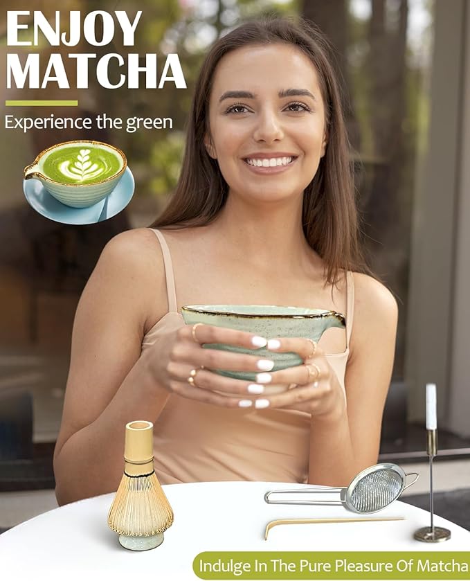 Matcha Whisk Set with Matcha Bowl, Matcha Whisk Holder Matcha Bamboo Whisks, Scoop, Sifter