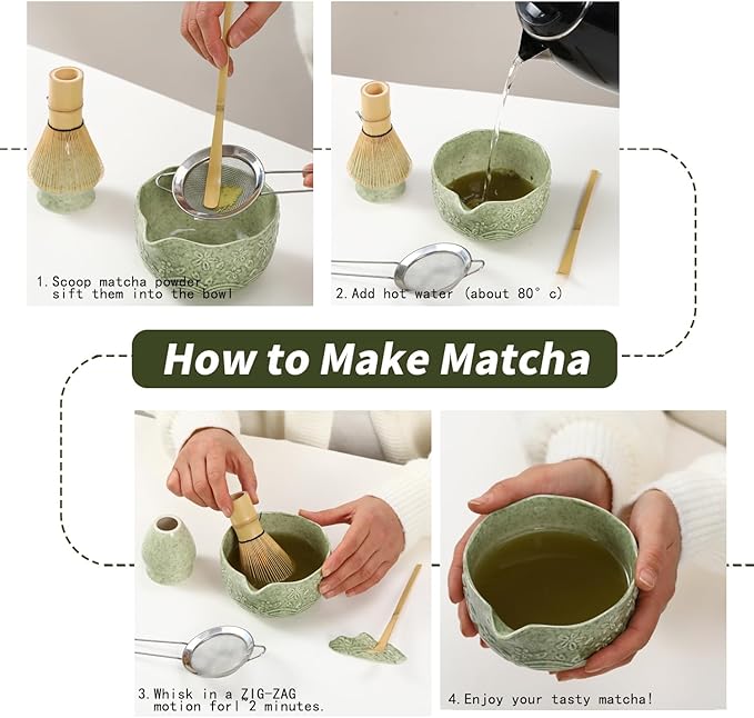 Matcha Whisk Set - 6 Pcs Matcha Set，Handcrafted Bamboo Chasen & Ceramic Bowl Matcha Kit,with Stainless Steel Sifter, Bamboo Scoop & Holder for Matcha Tea Ceremony (Mottled Green)