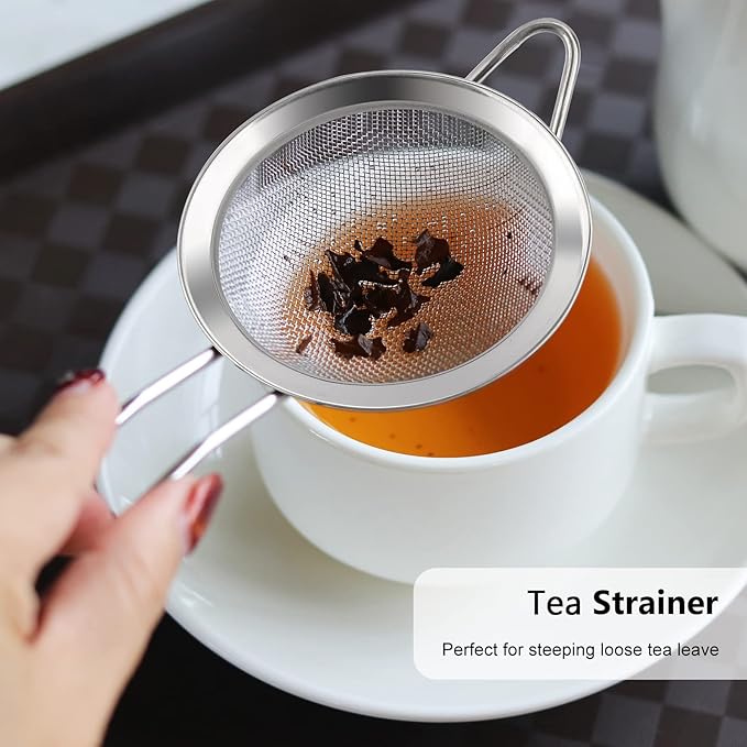D Fine Mesh Strainer, Stainless Steel Sieve Sifter with Handle, Small Metal Strainer for Loose Tea, Juice, Drink, Herbs, Mini Sifter for Flour