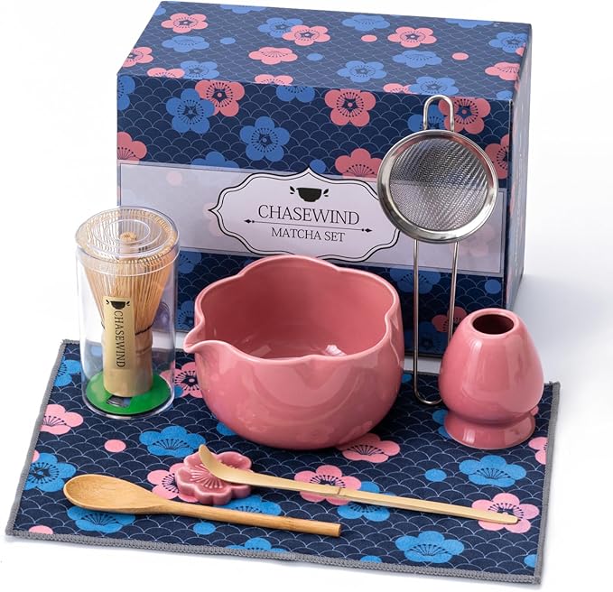 Matcha Set, 8Pcs Floral Ceramic Matcha Set with Matcha Whisk, Holder, Scoop, Scoop Rest, Sifter, Spo