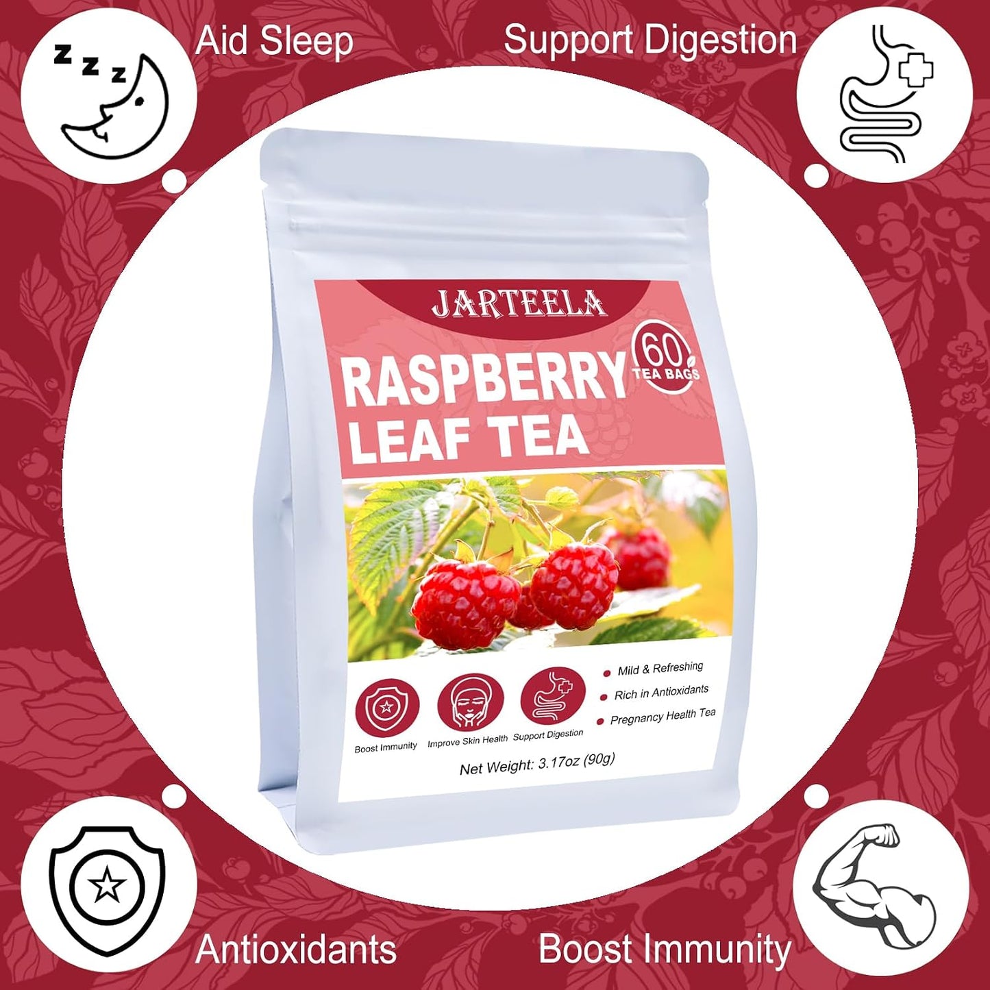 Jarteela - Raspberry Leaf Tea Bag, 60 Ct, Red Raspberry Leaf Herbal Tea | Tea with smooth, mild taste， Caffeine-free, Non-GMO