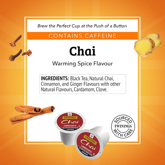 Twinings Chai Black Spiced Tea K-Cup Pods for Keurig, 24 CT Box (1 Pack) | Sweet, Savoury Cinnamon, Ginger, Cardamom, Clove, Naturally Caffeinated, 24 Pods for Single Serve-Brewers, Enjoy Hot or Iced