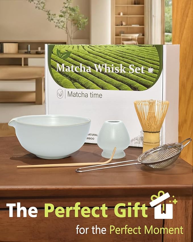 Matcha Whisk Set with Matcha Bowl, Matcha Whisk Holder Matcha Bamboo Whisk, Scoop, Sifter