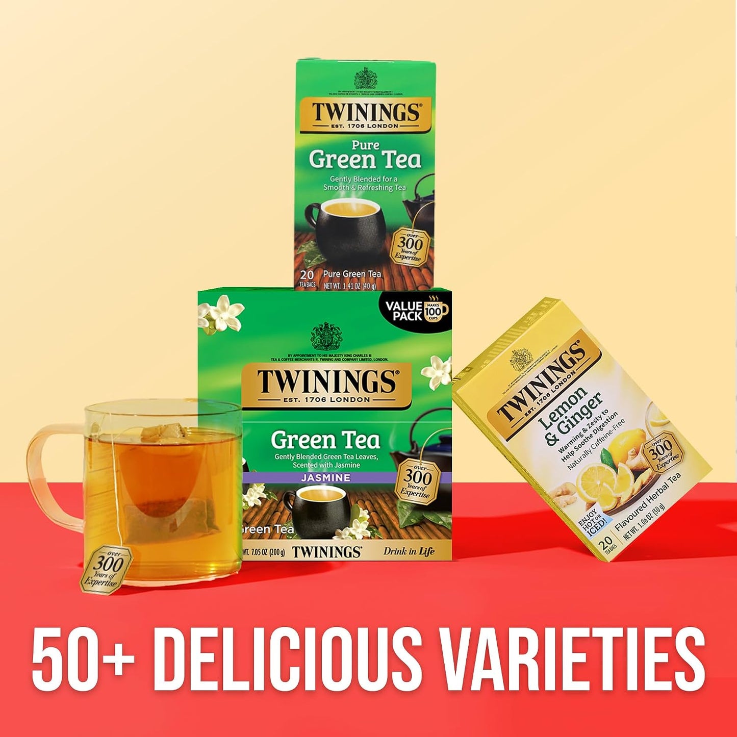 Twinings Green Tea with Jasmine, Caffeinated, Tea Bags, 100 CT Box (1 Pack) | Floral Scented with Jasmine Blossoms, Naturally Caffeinated, 100 Foil Lined Individually Wrapped Bags, Enjoy Hot or Iced