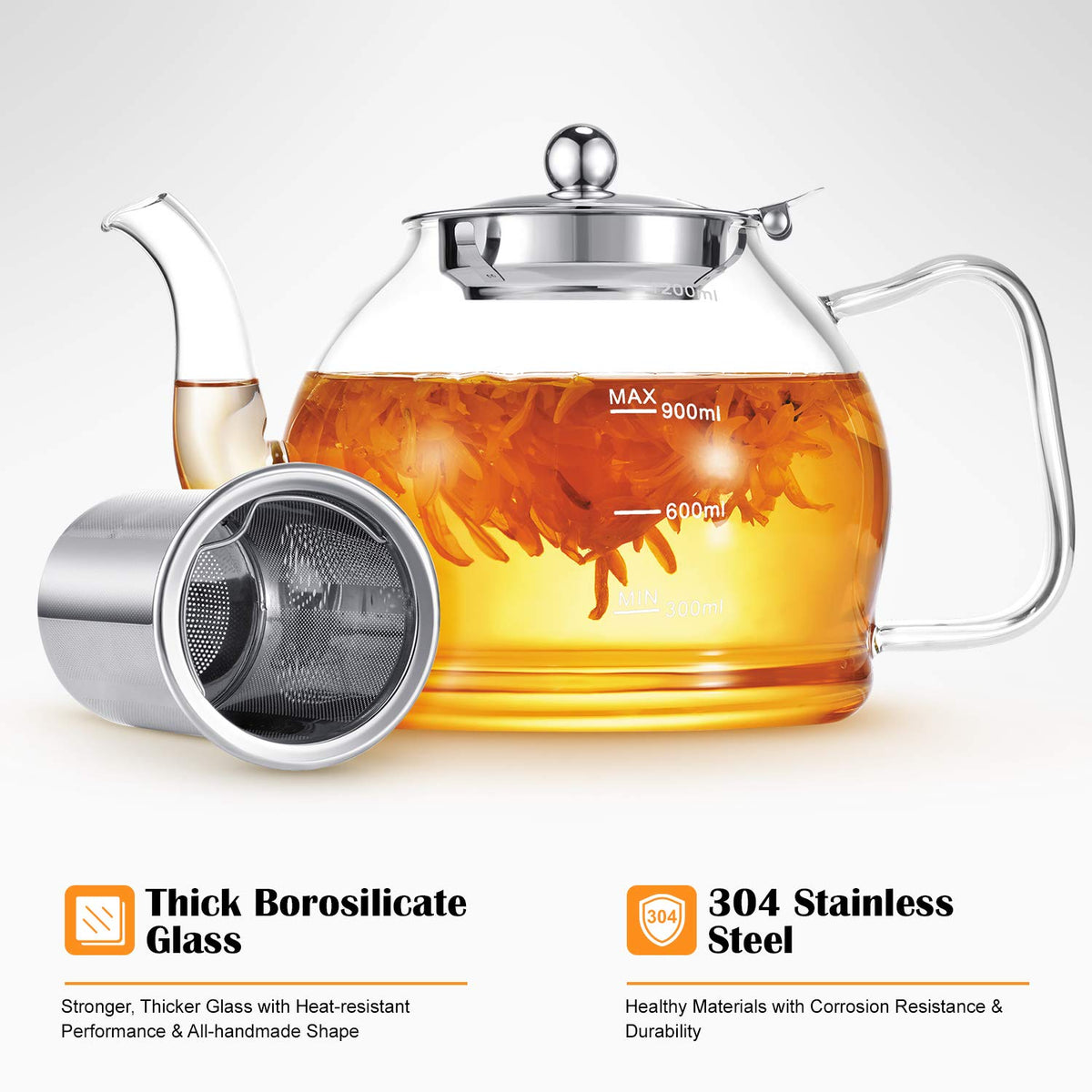 STNTUS INNOVATIONS STNTUS Glass Teapot, 40 oz. / 1200 ml for Loose Tea, With Infuser and Stainless Steel Strainer, Stovetop