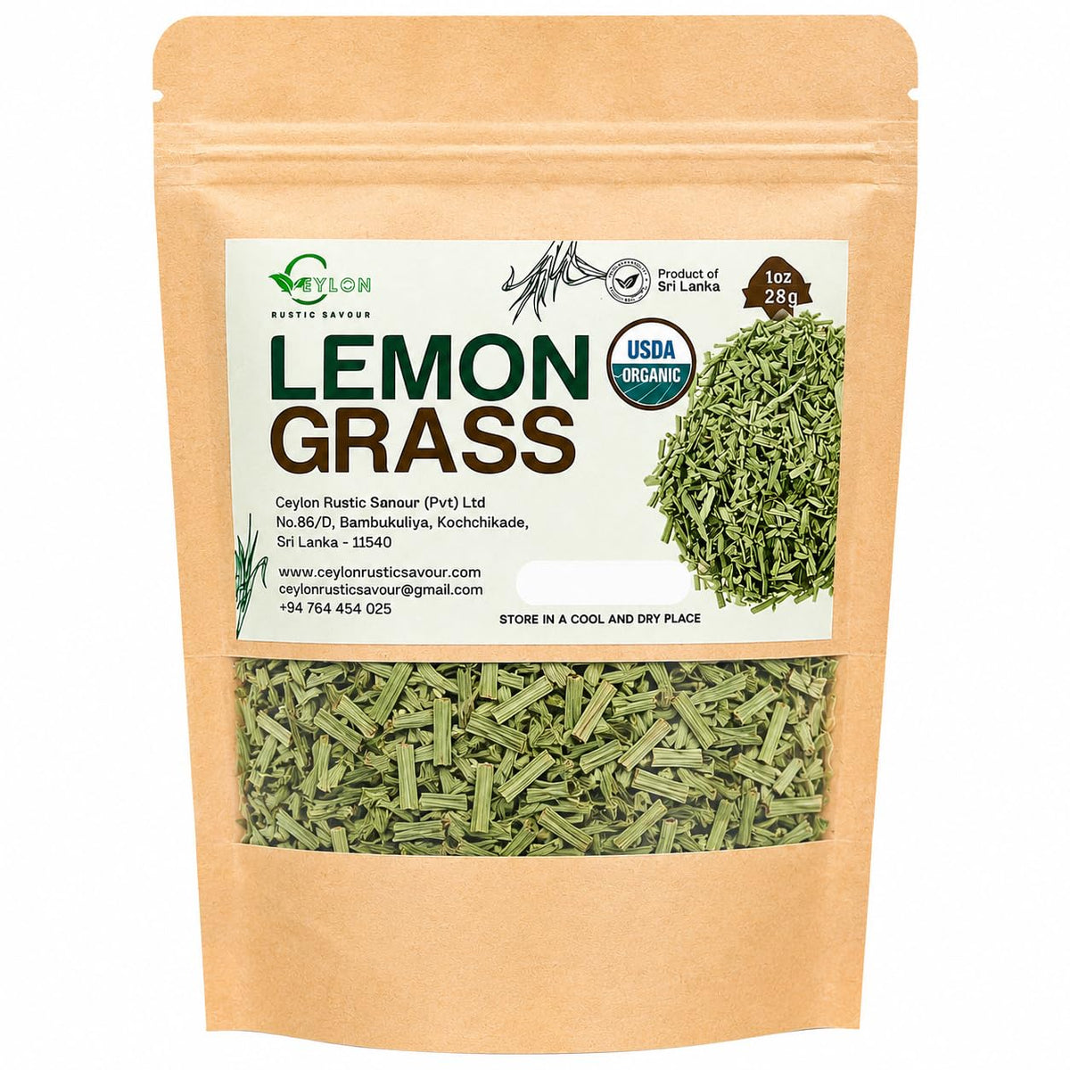 Ceylon Rustic Savour USDA Organic Dried Lemongrass Cut, 1 oz (28 g)