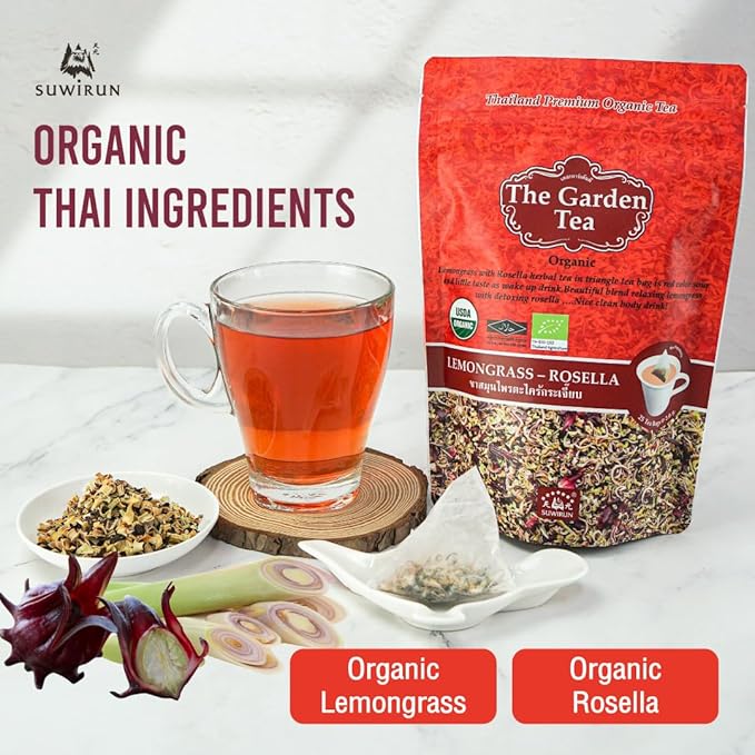 Suwirun Organic Lemongrass & Roselle Tea 25 Bags – Product of Thailand – Tangy Hibiscus & Citrus Herbal Blend, Caffeine-Free, No Calories