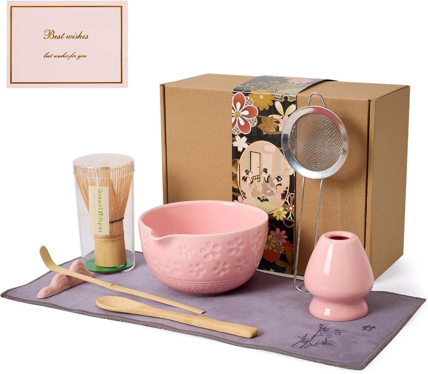 Matcha Whisk Set - Traditional Bamboo Chasen with Bowl, Complete Matcha Tea Making Kit &amp; Starter Tools for Authentic Japanese Ceremony (Pink01, 8pcs/set,Bowl entry-level Set)
