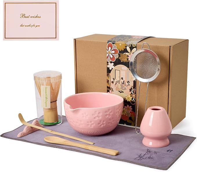 Matcha Whisk Set - Traditional Bamboo Chasen with Bowl, Complete Matcha Tea Making Kit & Starter Tools for Authentic Japanese Ceremony (Pink01, 8pcs/set,Bowl entry-level Set)