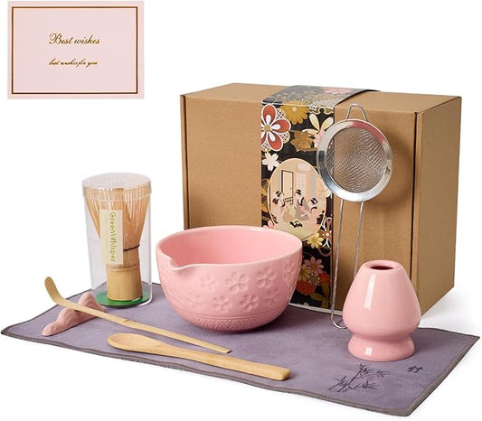 Matcha Whisk Set - Traditional Bamboo Chasen with Bowl, Complete Matcha Tea Making Kit & Starter Tools for Authentic Japanese Ceremony (Pink01
