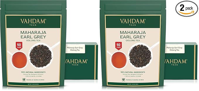 VAHDAM, Maharaja Earl Grey Oolong Tea Loose Leaf (50 Cups/3.53oz) Non GMO, Gluten Free | Oolong Tea Leaves | Loose Leaf Earl Grey Tea With Pure Bergamot Oil | Brew As Hot Or Iced Tea (Pack of 2)