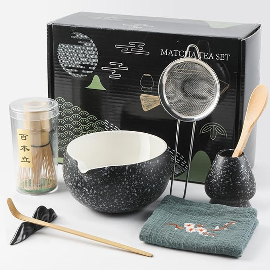 Black Matcha Whisk Set, 8 PCS Black Matcha Set Kit, Japanese Ceremonial Matcha Set Whisk and Bowl with Spout, Matcha Gift/Accessories