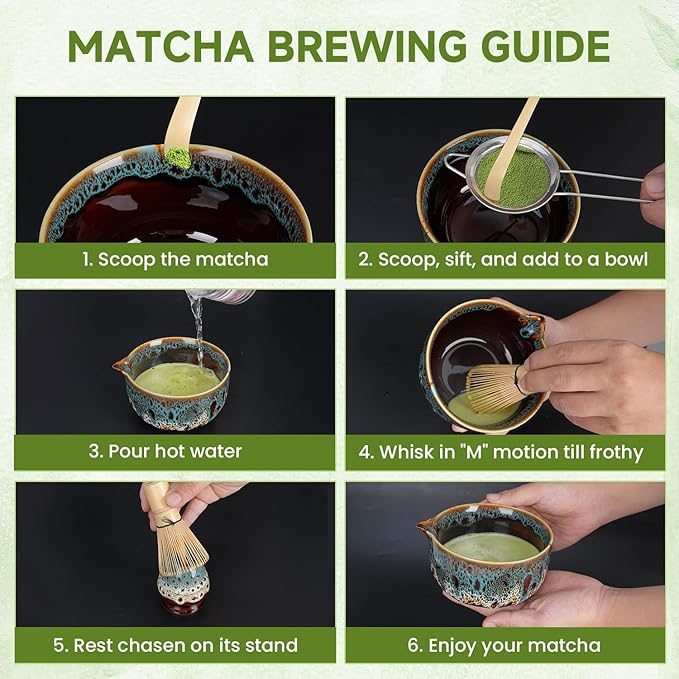 7-Pcs Matcha Whisk Set, Ceramic Matcha Set, Includes Matcha Bowl, Matcha Whisk, Chasen Holder, Bamboo Scoop, Scoop Rest, Stainless Sifter, Tea Towel