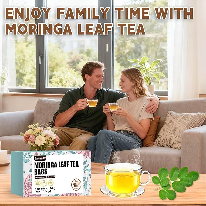 Organic Moringa Tea Bags, 120 Teabags, 2g/Bag, Made with 100% Natural Moringa Leaves. Helps with Digestion, Caffeine-Free, Sugar-Free, Gluten-Free