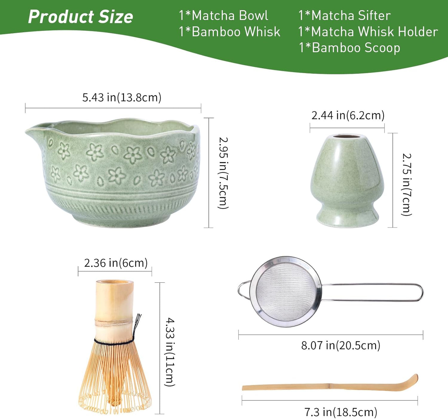HOTTOR Matcha Whisk Set, 5-Piece Matcha Kit with 18 oz Ceramic Bowl | 18 oz spouted ceramic bowl, bamboo whisk, holder, scoop and stainless steel sifter for traditional matcha and creamy lattes