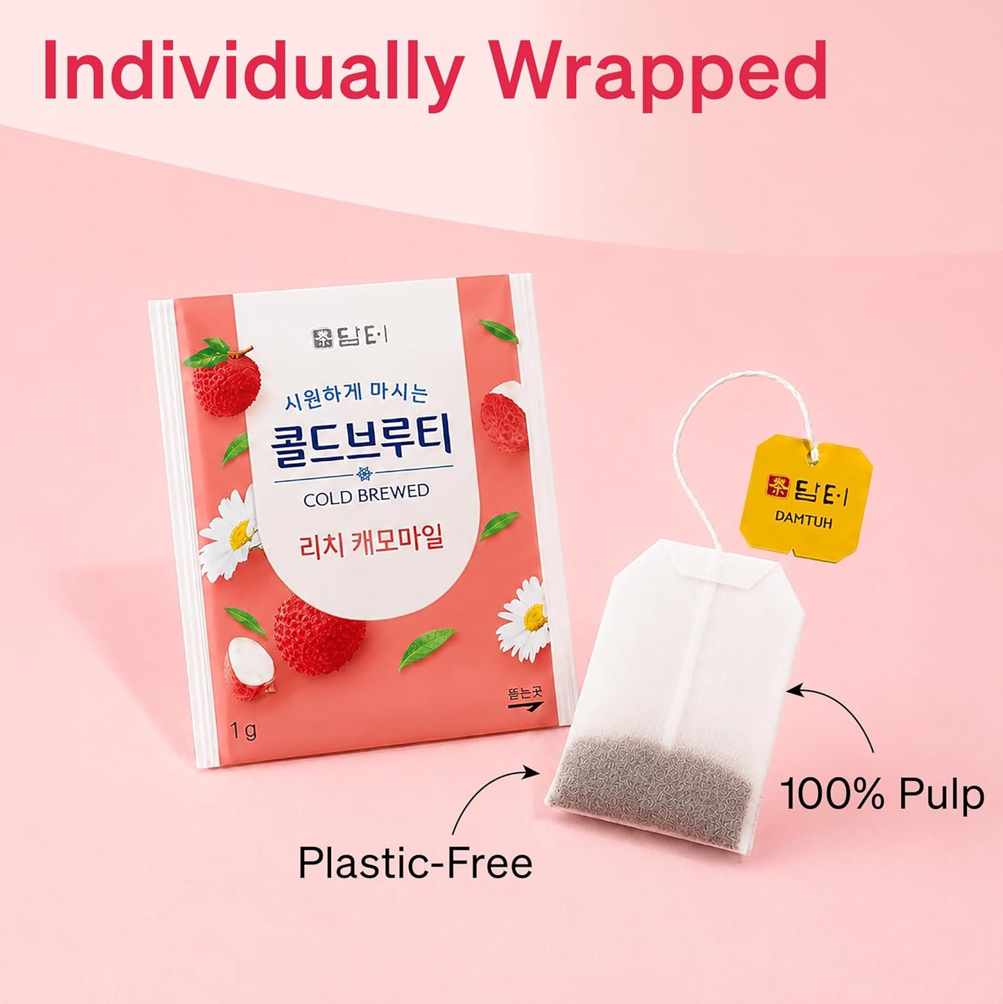 Damtuh Lychee Chamomile Cold Brew Tea Bags, Caffeine-Free, 20 Count | Sweet lychee and floral chamomile; zero sugar, zero carbs, lightly sweetened with stevia; cold brew bags