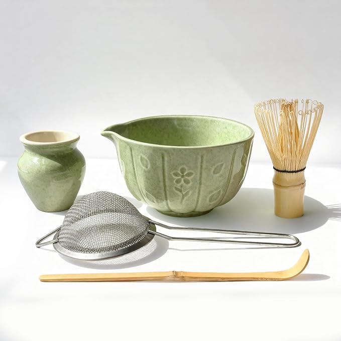 Matcha Whisk Set-5pcs, 16OZ Japanese Tea Set Includes Matcha Bowl with Spout, Bamboo Whisk with Ceramic Holder