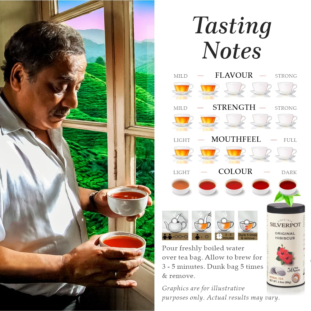 Silverpot Hibiscus Tea Bags, 50 Count, Hibiscus Flower Herbal Tea, Refreshing, Hot or Iced, Caffeine Free, 100% Natural