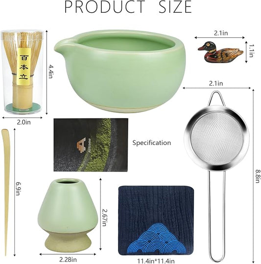 Artcome 7 Pcs Complete Matcha Ceremony Kit for Tea Ceremony, Bowl with Pouring Spout, Whisk, Tea Scoop, Matcha Powder Strainer, Matcha Tea Set For Making Usucha, Koicha and Matcha Latte (Green)