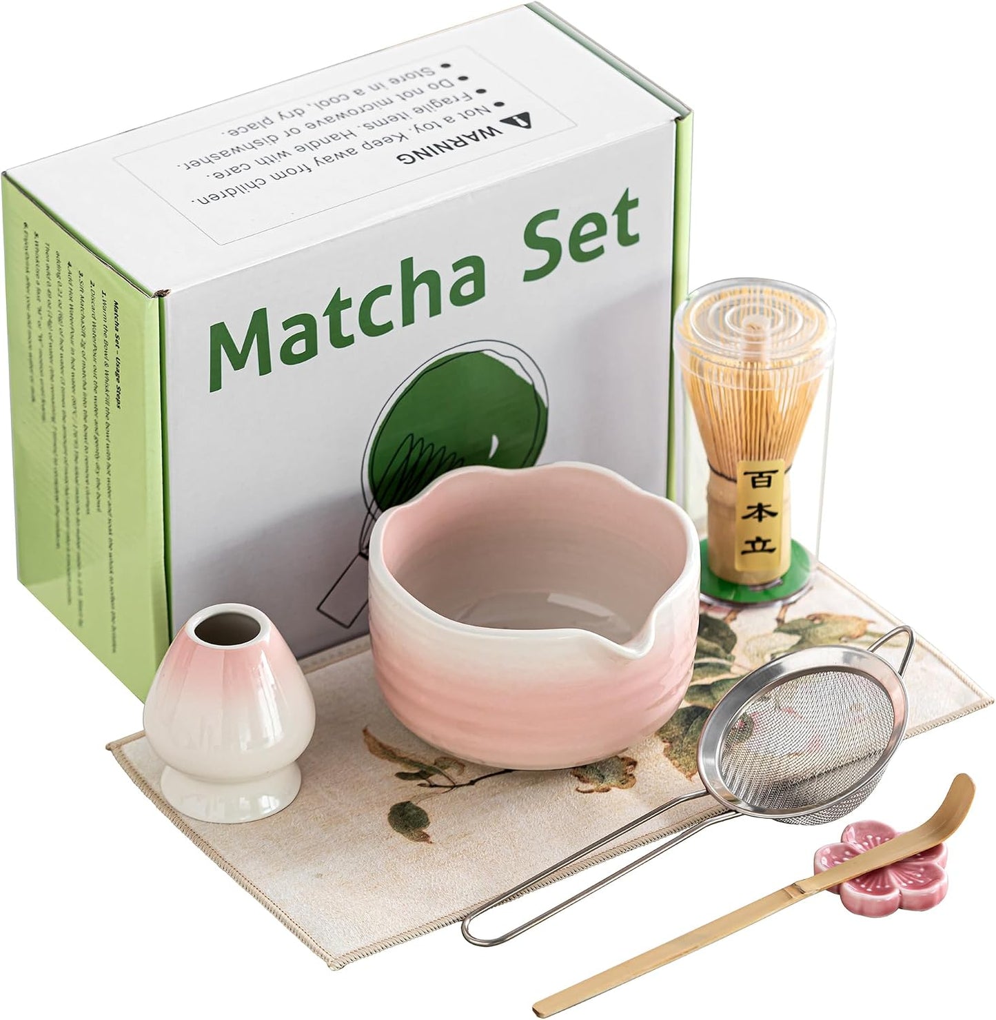 Matcha Whisk Set Ceramic Matcha Set Includes Bowl,Spout Bamboo Chasen Whisk with Ceramic Holder, Matcha Scoop and Stainless Sifter, Matcha Kit Valentine's Day Gifts for Women(7Pcs,Pink)