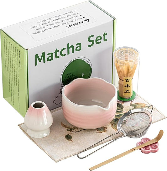 Matcha Whisk Set Ceramic Matcha Set Includes Bowl,Spout Bamboo Chasen Whisk with Ceramic Holder, Matcha Scoop and Stainless Sifter