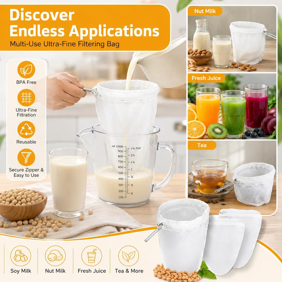 RAINFLOW 3PCS Ultra Fine Mesh Strainer Bags with Stainless Steel Handle