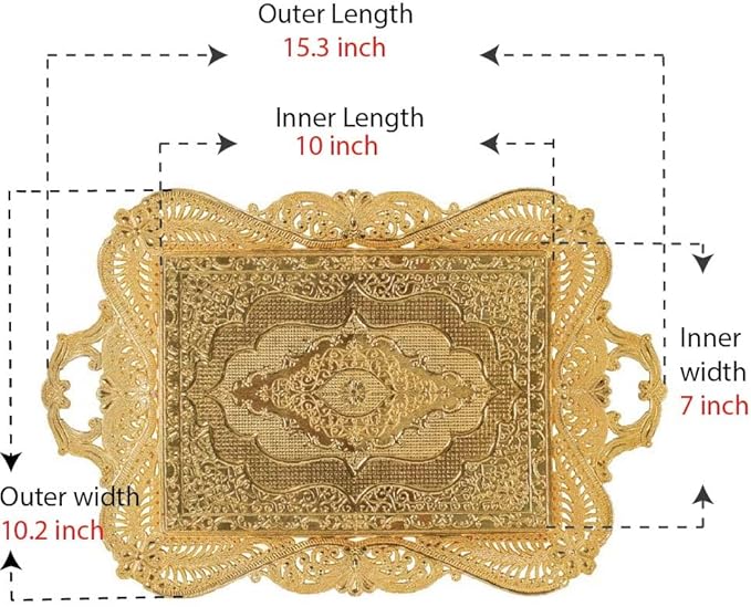 Gold Turkish Coffee Tea Serving Tray Table Home Decor Decorative Handle - Gold Vintage Brass Fancy Rectangle Style Traditional Rustic Bar Outdoor