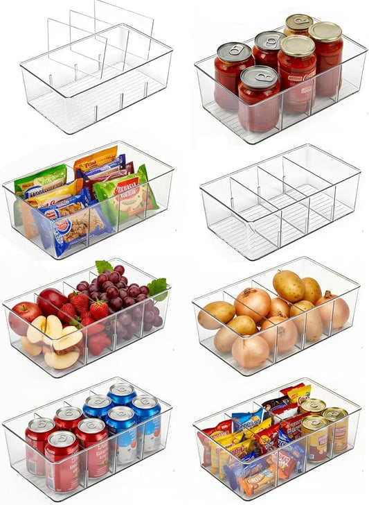 8 Pack Pantry Organizers and Storage,Snack Containers with 3 Dividers for Kitchen,Fridge,Refrigerator Organization and Storage