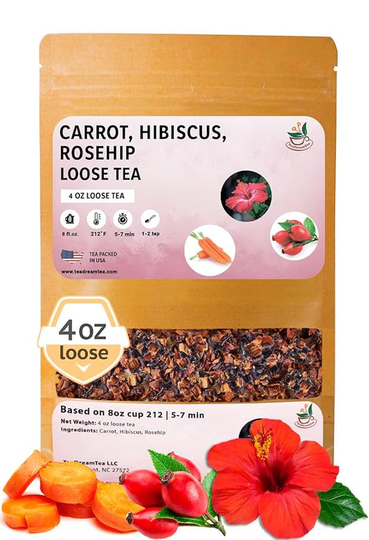 TeaDreamTea – Carrot Hibiscus Rosehip - Loose Leaf Herbal Bulk Tea - Caffeine-Free - Vitamins Rich - Boost Immune System - Carrot Raw from USA - Hot and Iced Tea - 4 ounce / 113 g