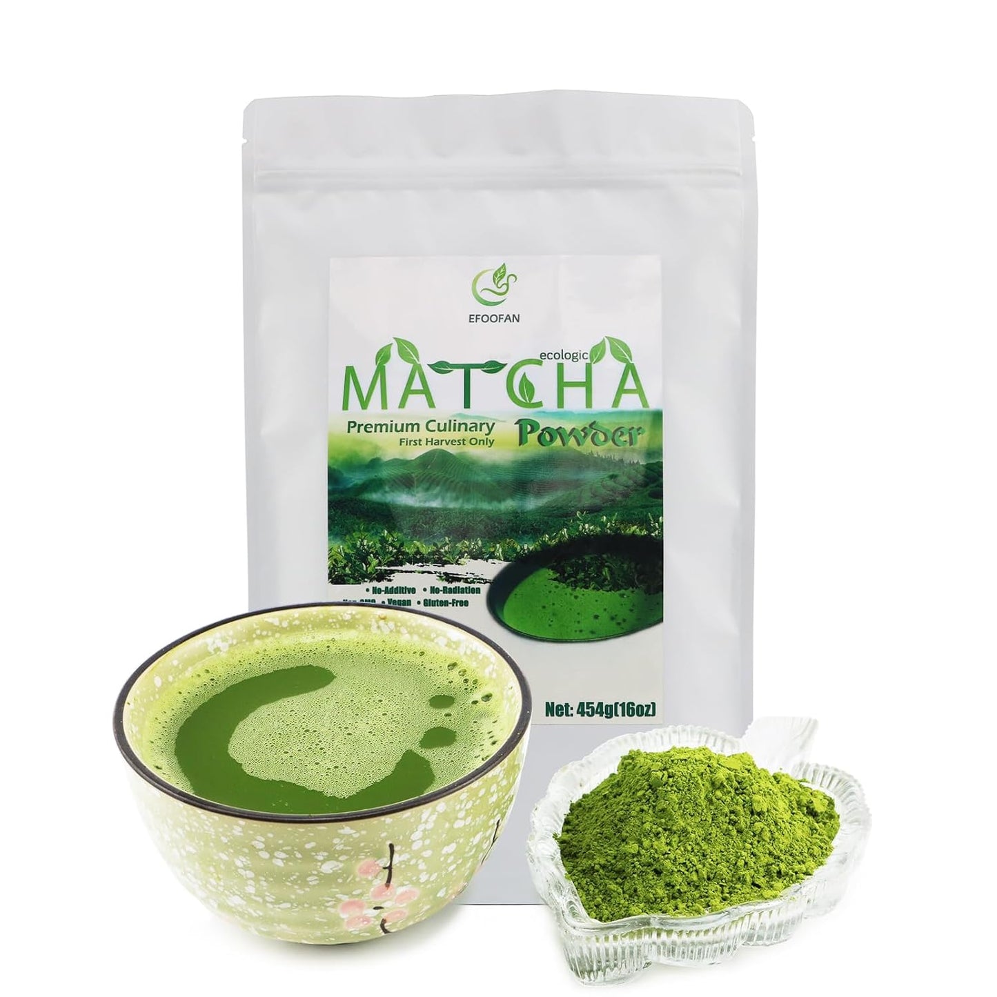 EFOOFAN Matcha Green Tea Powder - Premium Culinary Grade (1lb/16oz) - Rich Tencha Flavor, Antioxidant Polyphenols, Non-GMO, Gluten Free, Naturally Caffeined, Additives Free