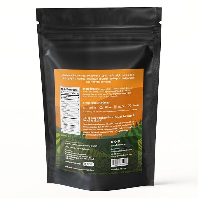 NEPAL TEA Organic Chai Tea Bags from the Himalayas, Chai Spice Blend - 50 Pyramid Tea Bags, Single Origin Chai Spice Tea from a Family Farm - Black Tea Bags, Loose Leaf Tea Inside (Nepali Breakfast)