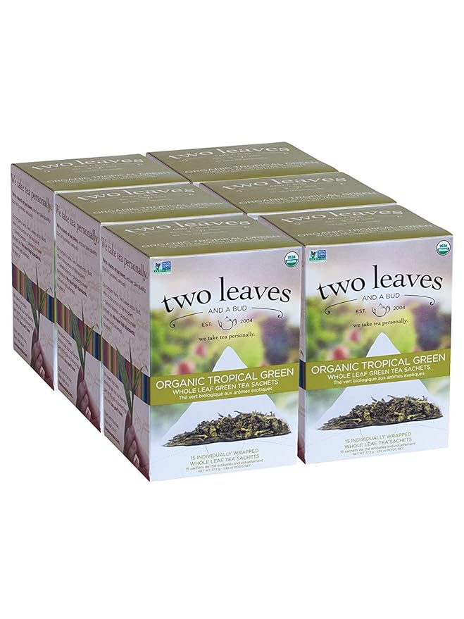 Two Leaves and a Bud Organic Tropical Green Tea Bags, Whole Leaf Green Tea in Sachets, 15 Count (Pack of 6)